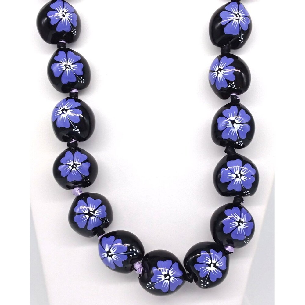 Hawaiian Necklace Kukui Nut Lei Hibiscus Flower Ribbon Tie Black Purple Tourism